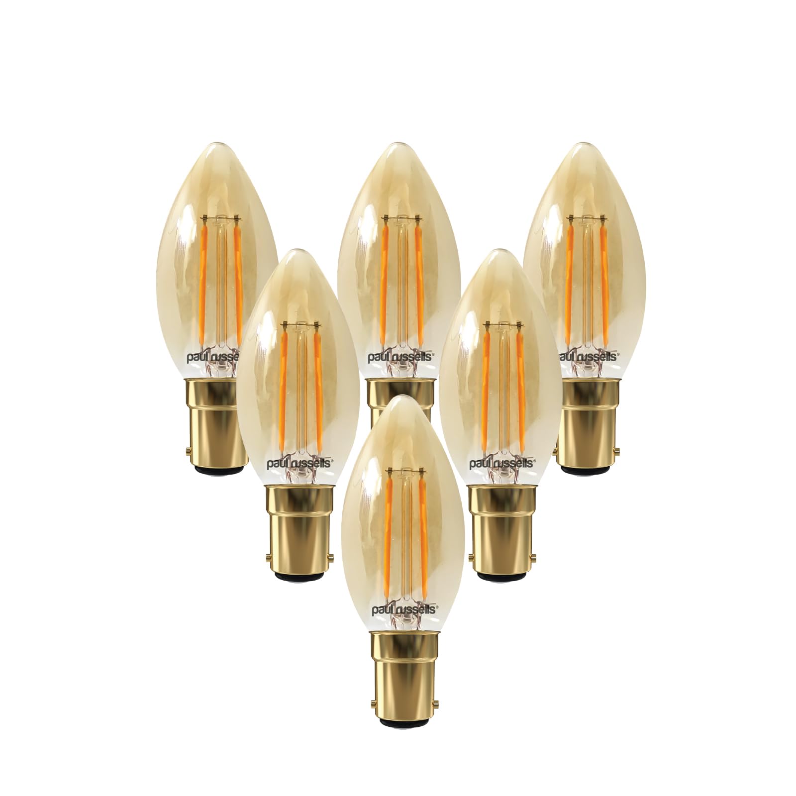 paul russells LED Candle Filament Light – 2.5W 20W Equivalent Replacement, 200LM Lumens, 2200K Extra Warm White, SBC B15 Small Bayonet Cap C35 Bulbs – Energy Saving Non-Dimmable Lamps - Pack of 6