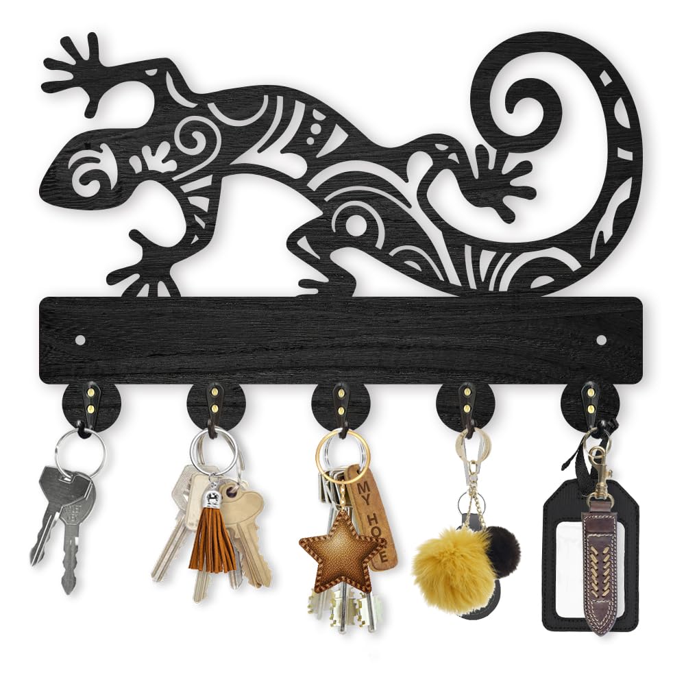 MAYJOYDIY Gecko Coat Rack Wall Mount Reptile Key Holder 30×20cm Wooden Wall Rustic Decorative 5 Alloy Hooks for Gift Entryway Living Room Bedroom Farmhouse