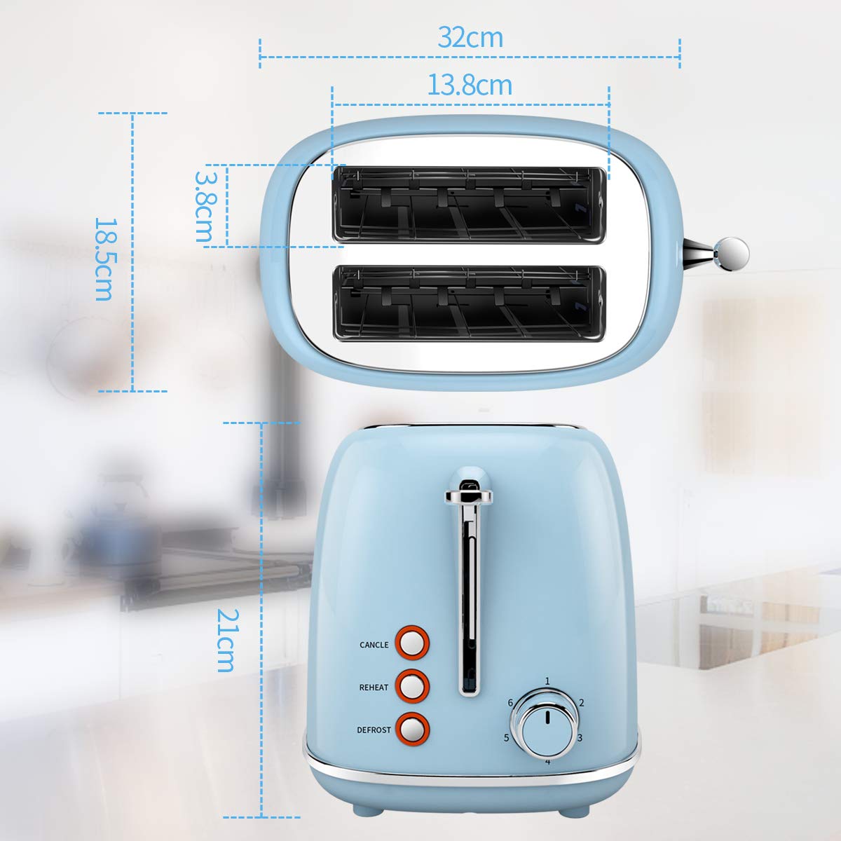 Toaster Edelstahl 2 Scheiben, morpilot Toaster mit Abnehmbarem Brötchenaufsatz und Herausnehmbarer Krümelschublade, 6 Bräunungsstufen | Auftaufunktion | Aufwärmfunktion, 815W, Blau