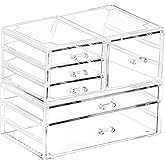Cq acrylic 2 Pack Clear Stackable Storage Drawers for Vanity,Stackable 6 Drawers Desktop Organizer With Drawers,Cute Desk Storage for Office,Jewelry,Hair Clip,Beauty,Skincare and Make Up Organizers