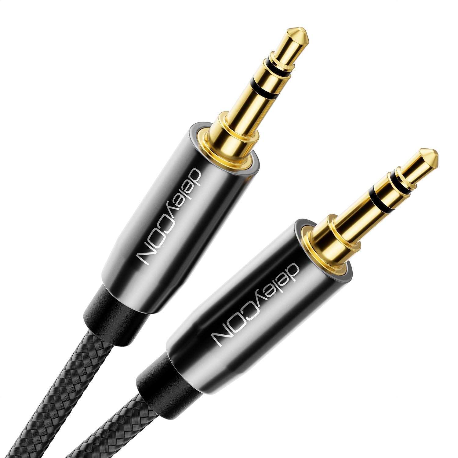 deleyCON 2m (6.56 ft.) Jack Cable with Nylon Casing - Stereo Audio - AUX - 3.5mm Jack to 3.5mm Plug - Gold Plated Connectors - Black