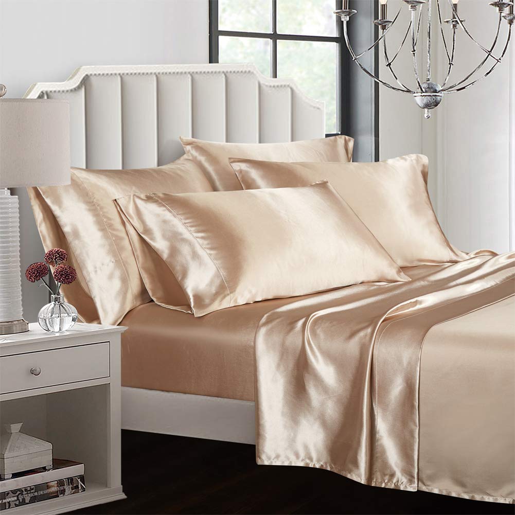 AiMay 6 Piece Bed Sheet Set Deep Pocket Luxury Rich Silk Satin Silky