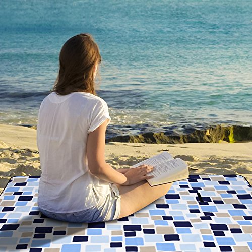 OUTCAMER Large Waterproof Outdoor Picnic Blanket, Portable Folding Picnic Blanket Mat with Tote for Family Camping(Blue-blue checker, 79" × 79")