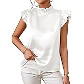 SweatyRocks Women's Elegant Mock Neck Ruffle Trim Tops Butterfly Sleeve Summer Office Blouses