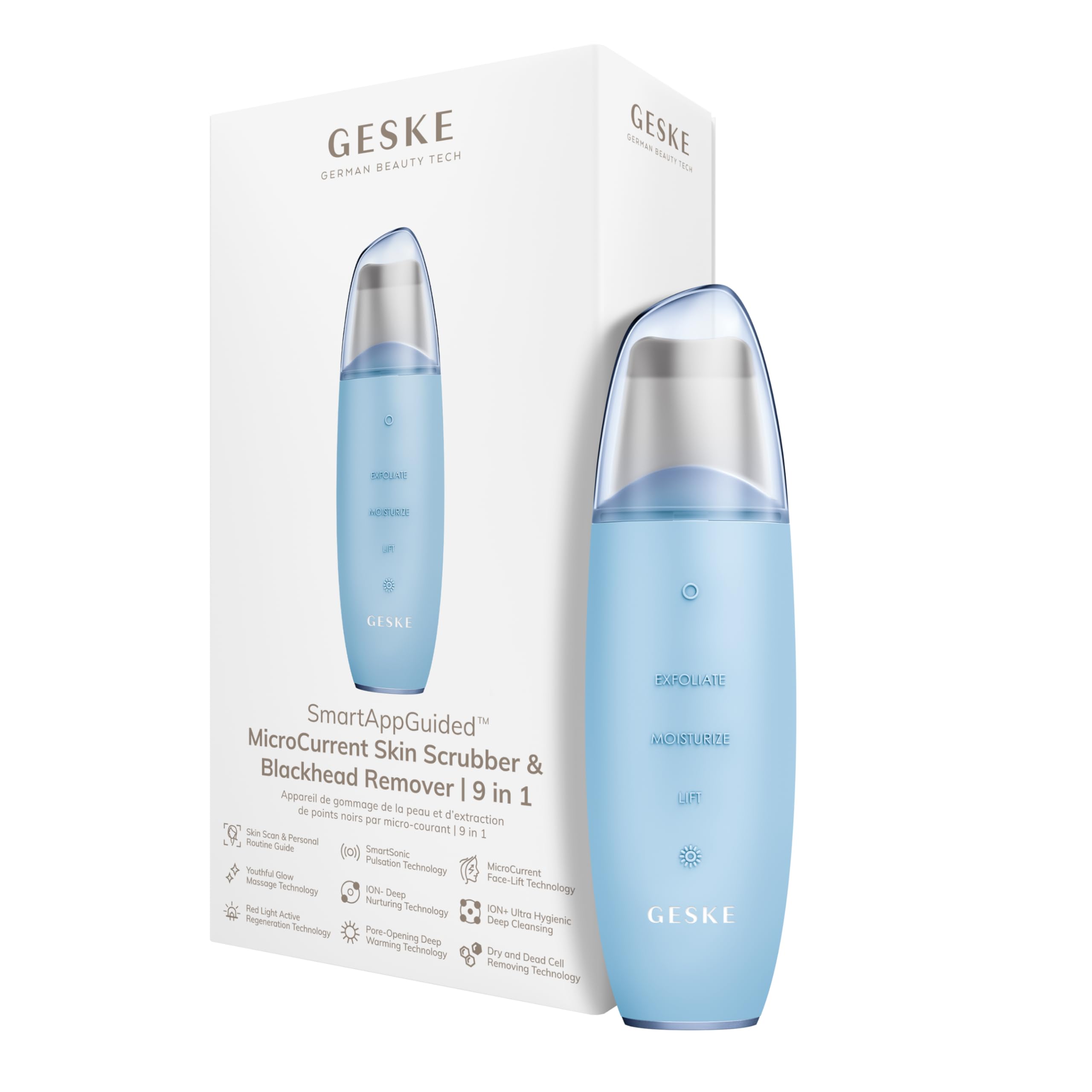 GESKE SmartAppGuided™ MicroCurrent Skin Scrubber & Blackhead Remover | 9 in 1 | Skincare tool | Pores cleaner | Anti-aging and cleansing | Professional face lift | Blackheads removal & extraction