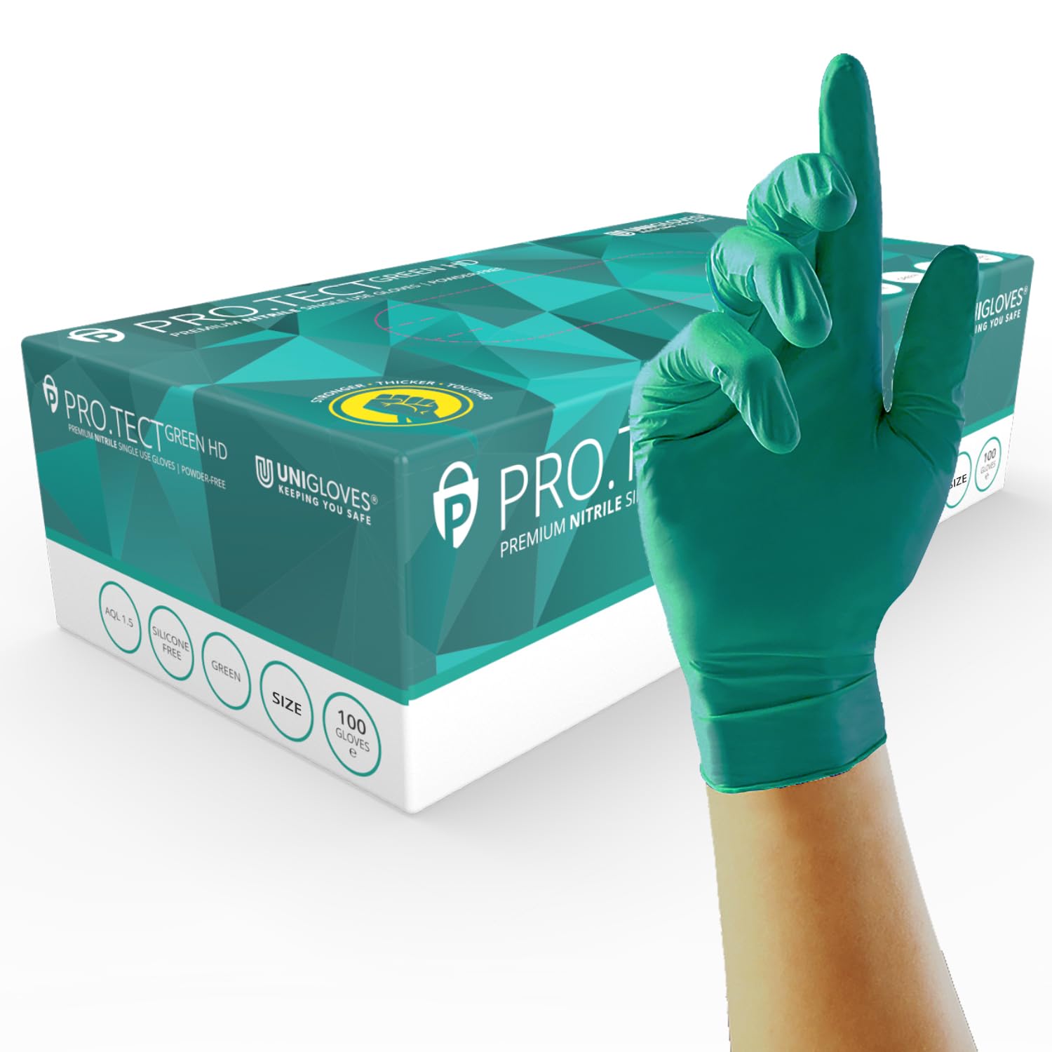 Unigloves PRO.TECT Green HD Nitrile Disposable Gloves - Ultra Heavy Duty, Single Use, Multipurpose, Powder Free, Box of 100 Gloves, Size Medium (GA0083)