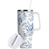 Boccsty Vintage French Floral Insulated Tumblers Blue Pattern Reusable Stainless Steel Tumbler 40 oz Cup Coffee Travel Mug Water Bottle with Handle & Flip Straw for Home Office Car