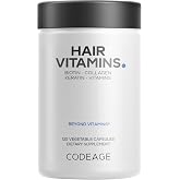 Codeage Hair Vitamins, Biotin 10000 mcg, Keratin, Collagen, 120 Capsules | Hair vitamins with 10,000 mcg biotin, keratin, collagen, vitamins A, B12, C, D3, zinc and probiotics.
