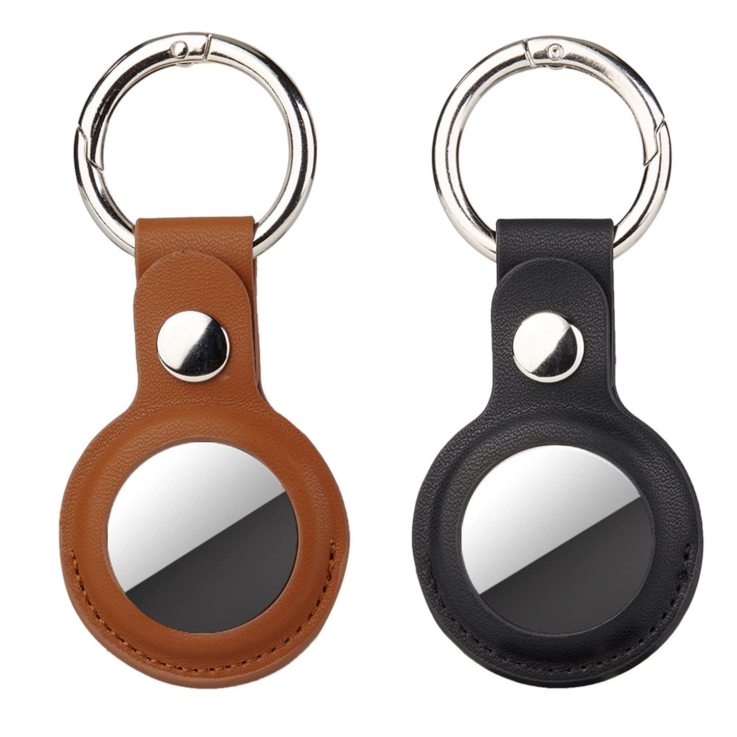 Fleshy Leaf Leather Air Tag Holder Protective AirTag Keychain, Anti-Lost Airtag Case Tracker Cover for Apple New Airtags, 2 Packs (Black Brown)