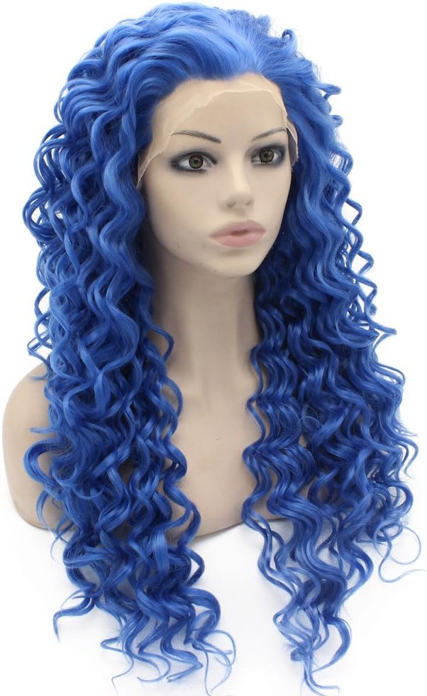 Long Curly Blue Synthetic Lace Front Cosplay Party Wig - Image 5