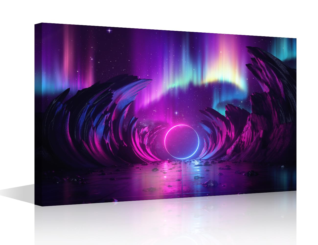 TISHIRON Neon Light Wall Paintings for Living Room Cosmic Landscape Modern Office Wall Art Aurora Borealis Large Wall Decor for Bedroom Artwork Giclee Wall Decoration Framed Ready to Hang, 16" Wx24 H