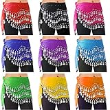 Hip Scarfs for Belly Dancing, 10PCS Hip Scarves with 128-Silver Coins Belly Dance Waist Costume Belt, Chiffon Dangling Belly Dance Sequins Hip Scarf