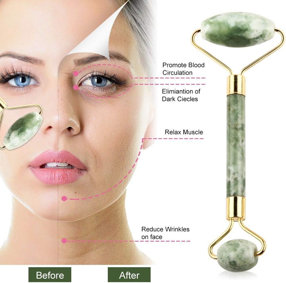 Jade face Roller -100% Real Jade roller stone face Messager - Anti Aging puffiness facial Skin Treatment Therapy - Squeaky Free.