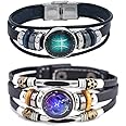 2Pcs Multilayer Constellation Zodiac Leather Bracelet Handmade Woven Zodiac Sign Wrap Bracelet Wristband for Women Men Jewelry Birthday Gift