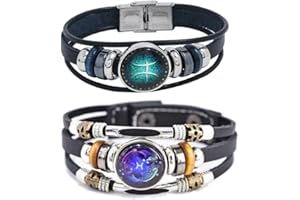 HEWILL 2Pcs Multilayer Constellation Zodiac Leather Bracelet Handmade Woven Zodiac Sign Wrap Bracelet Wristband for Women Men Jewelry Birthday Gift