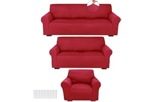 Peryiter 3 Pcs Slipcover Set for Couch Furniture Covers for Sofa Loveseat Couch Arm Chair, Form Fit Stretch, Wrinkle Free, Furniture Protector(Christmas Red,Milk Silk Spandex)