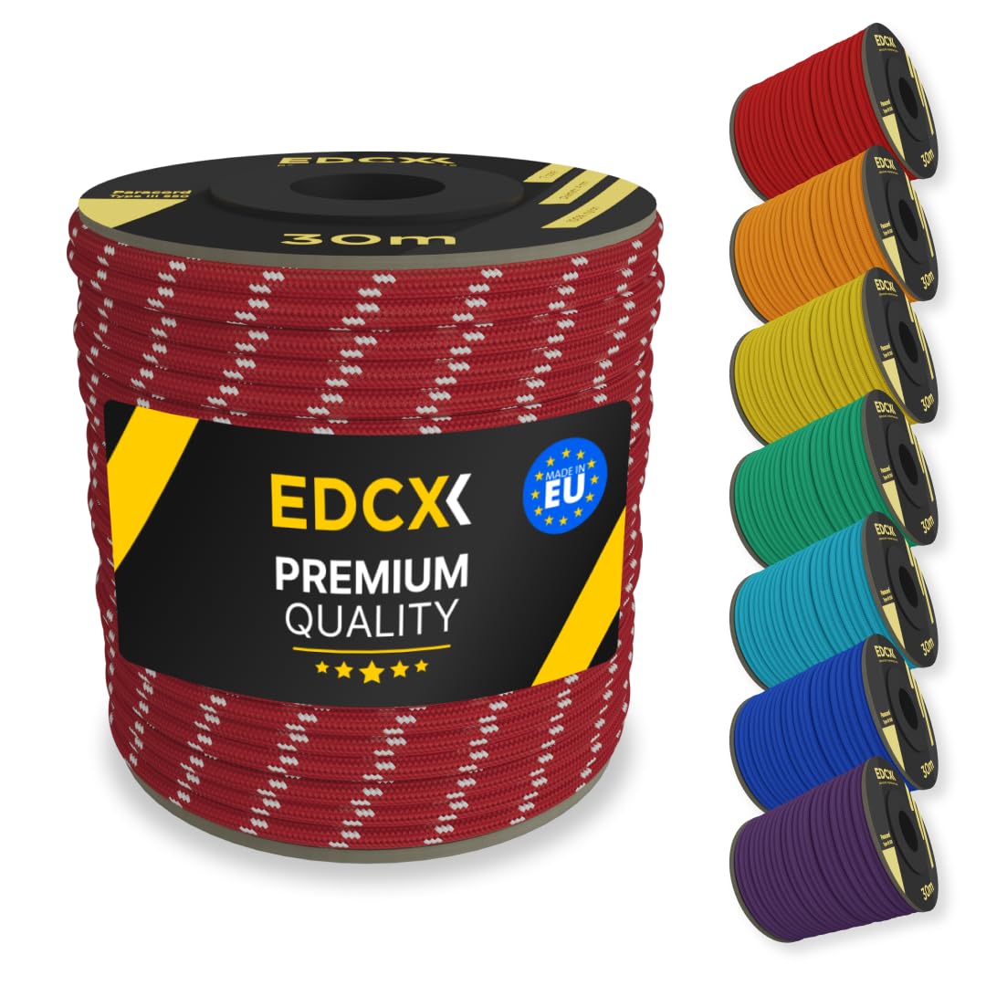 EDCX 4mm Nylon Paracord 550 30m (100 feet) | Ideal for Camping, Survival, Outdoor, Crafting, DIY | 100% Nylon Rope 4mm | Paracord 550 Type III in Solid Color (Reflective Red, 30 m)