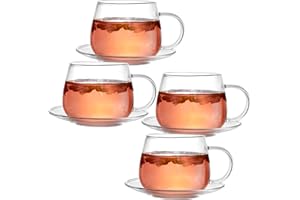 Tosnail 4 Pack 11oz Glass Cups and Saucers Set Glass Coffee Mugs Set, Coffee Cup with Handle, Drinking Glasses for Latte, Cap