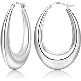 PABBEU Chunky Silver Hoops Earrings for Women, Hypoallergenic Lightweight 925 Sterling Silver Oval Hoop Earring, Sterling Silver Thick Hoop Earrings for Women 25/28/30/38/40mm