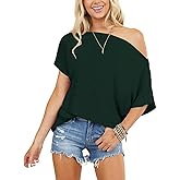 Mcnlyce Off the Shoulder Tops for Women Short Sleeve Batwing Shirts Oversized Tee Tunic Summer Casual Loose Fit