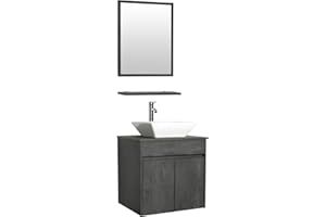 eclife 24" Bathroom Vanity Sink Combo Wall Mounted Concrete Grey Cabinet Vanity Set White Square Ceramic Vessel Sink Top, W/Chrome Faucet, Pop Up Drain & Mirror (A07E03CC)