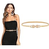 LEACOOLKEY Women Metal Skinny Belt for Dress Gold Elastic Thin Waist Belt Stretch Dress Belt