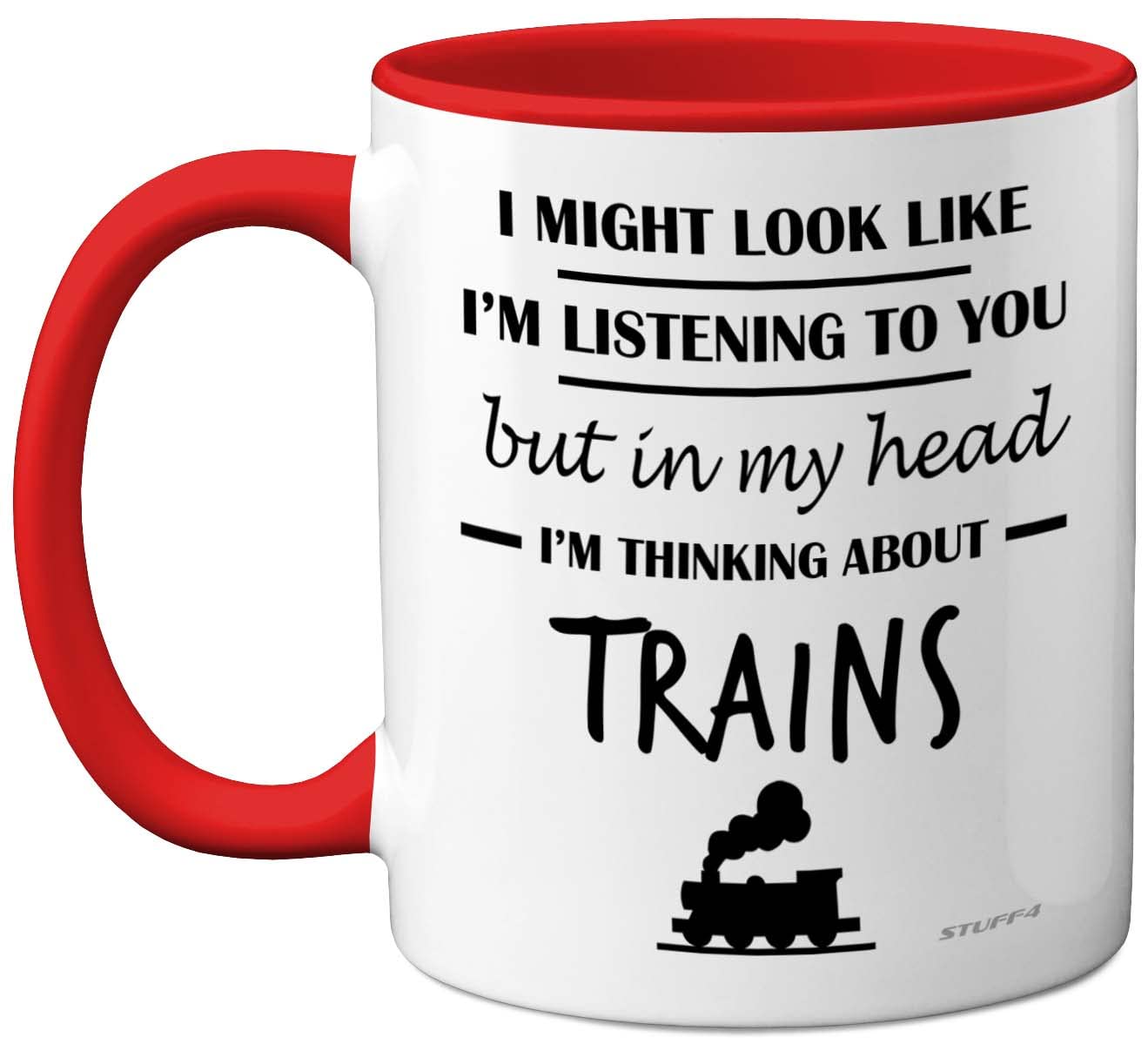 Stuff4 Steam Train Gifts for Men - in My Head I'm Thinking About Trains Mug - Funny Gifts for Spotting Enthusiasts, Spotter 11oz Ceramic Red Handle Premium Mugs Novelty Cup