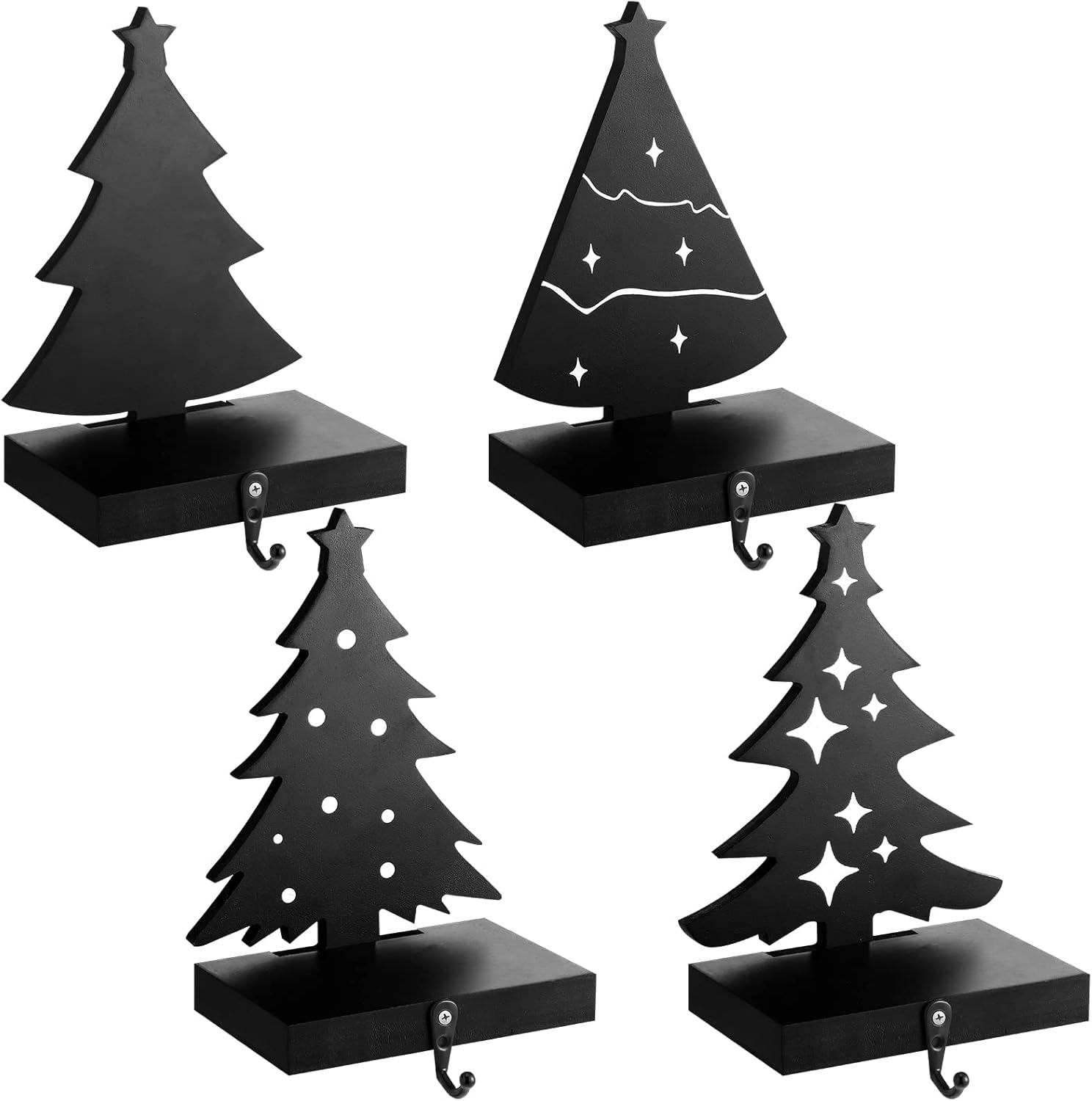 Ornament Hooks - 4 Pieces Christmas Stocking Holder Black Wooden Tree Stocking Holder Rustic Christmas Tree Stocking Hanger Hooks for Fireplace Mantel Shelf Garland Farmhouse Holiday Family Xmas Decoration, 4 Styles
