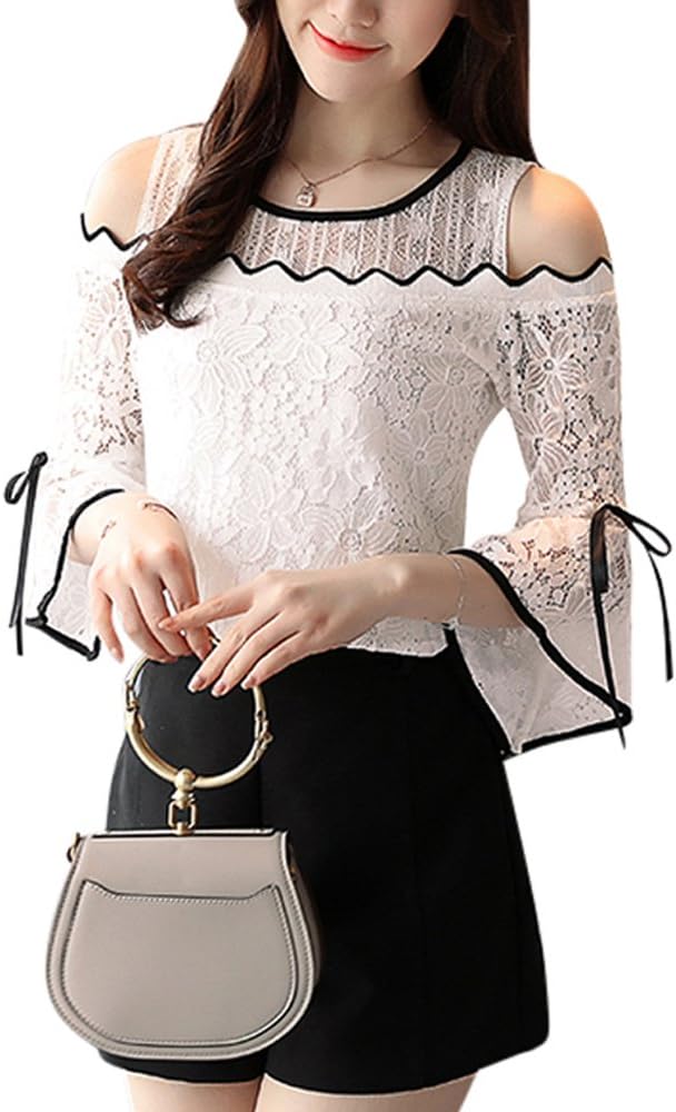 SansoiSan Women's Sexy Crochet Lace Cold Shoulder Half Sleeve Tops Blouse t Shirt(S-XXL)