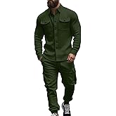 Men's Fleece Cargo Jacket Tracksuit Set 2 Pieces Solid Color Long Sleeve Button up Jacket and Cargo Pants Set