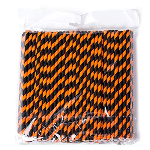 200 Pack Orange and Black Striped Paper Straws for Halloween Party Supplies for Kids Adult Accessories Biodegradable Vintage Drinking Birthdays Parties Celebrations