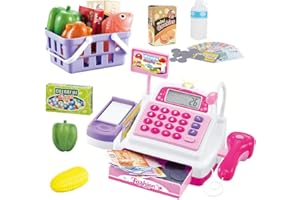 Sotodik Cash Register Pretend Play Supermarket Shop Toys with Calculator ,Working Scanner,Credit Card ,Play Food ,Money and More(Color May Random)