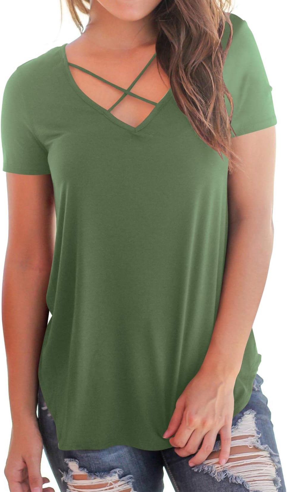 NIASHOT Women's Casual Short Sleeve Solid Criss Cross Front V-Neck T-Shirt Tops