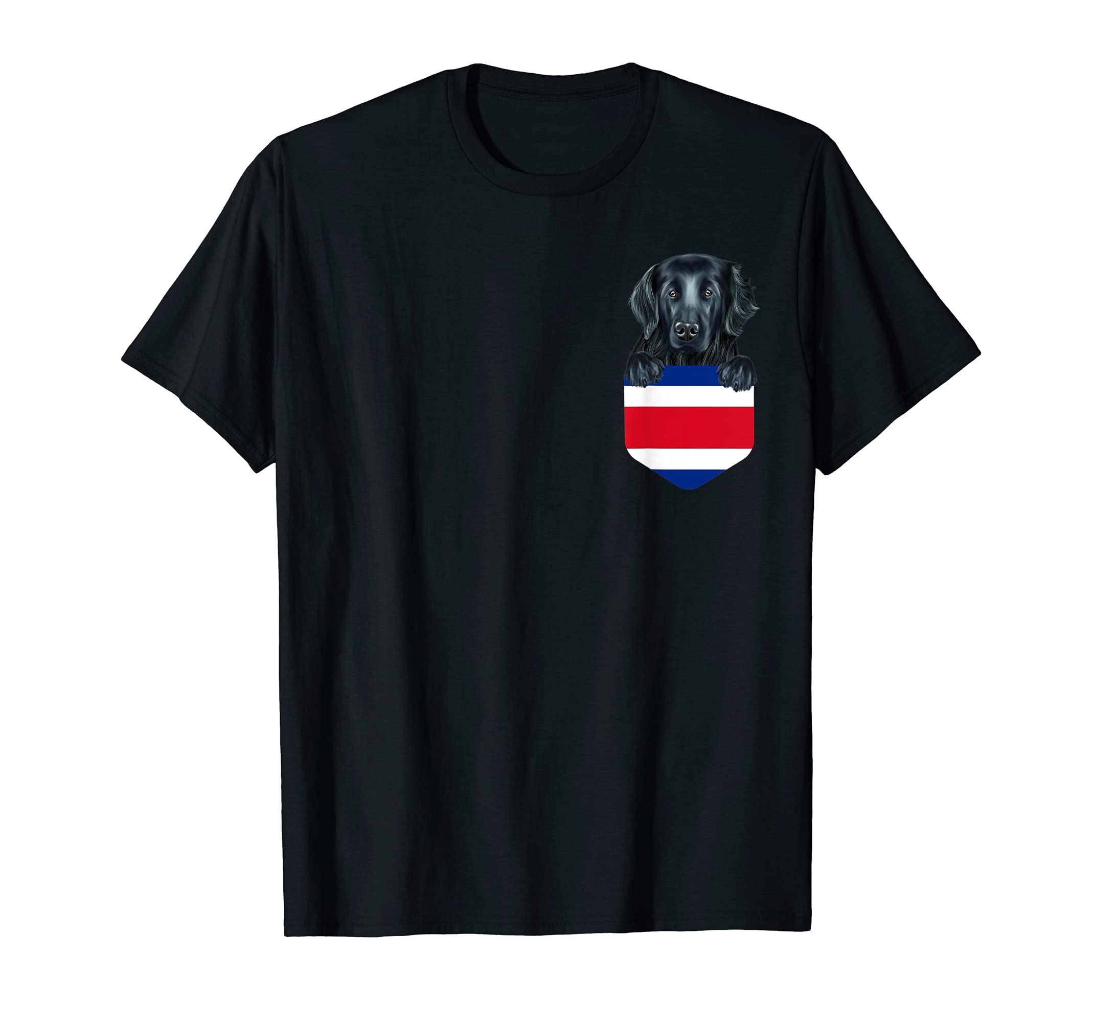Costa Rica Flag Flat-Coated Retriever Dog In Pocket T-Shirt