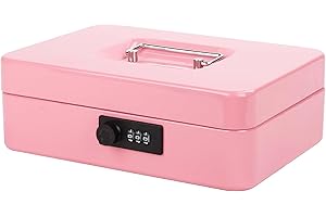 Sgorlds Cash Box with Combination Lock and Removable Cash Tray, Metal Money Box for Cash Safe, Durable Double Layer Code Petty Money Organizer for Security, 9.84"x 7.87"x 3.54", Pink Large