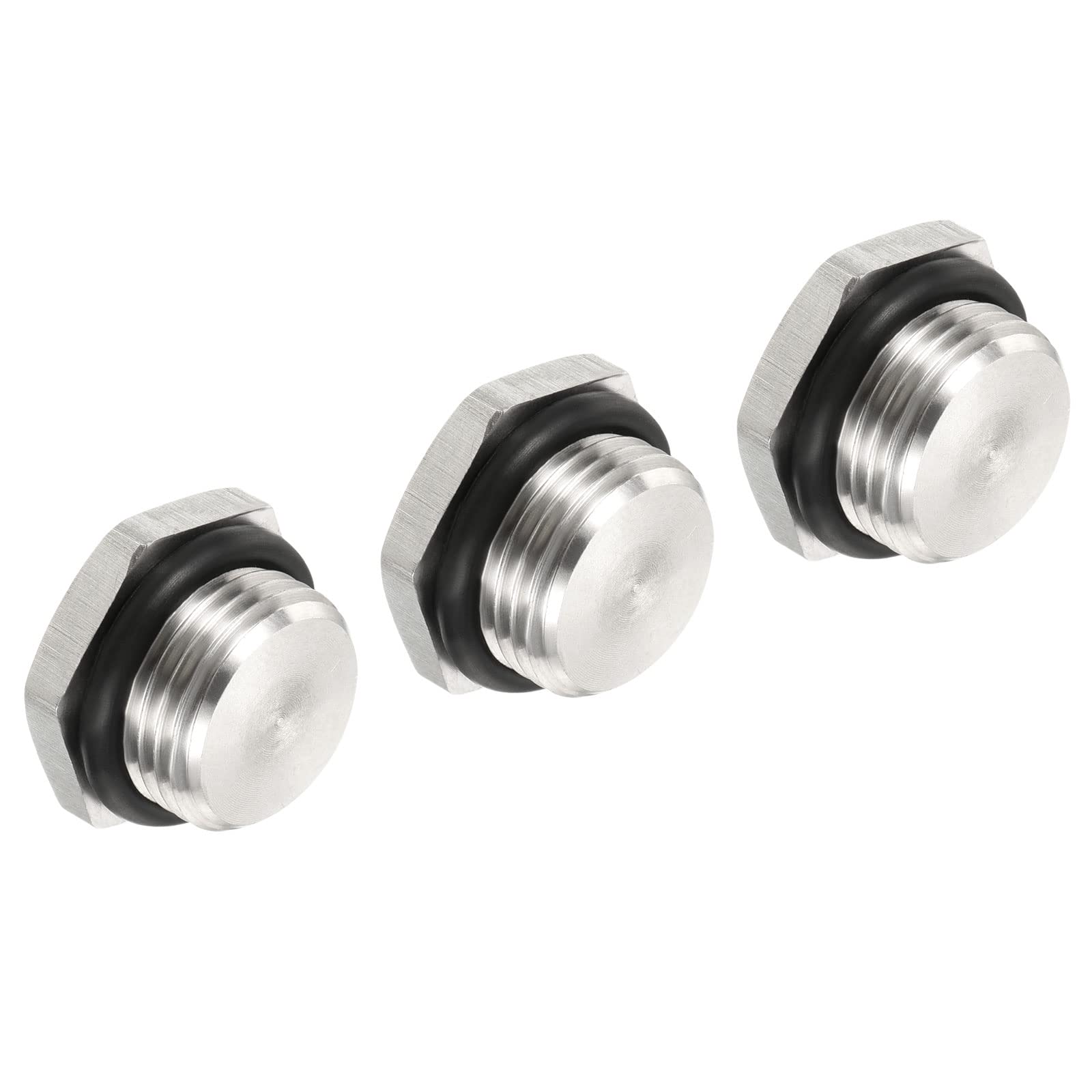 PATIKIL M18x1.5 Male Plug, 3 Pack Waterproof Dustproof 304 Stainless Steel Thread Hex Head Socket Solid Pipe Fitting with Sealing Rubber Ring