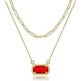 Lourny Gemstone Birthstone Pendant Layered Necklace for Women Trendy, 18K Gold Plated Paperclip Chain Preppy Choker Charm Necklace for Women Wife Jewelry