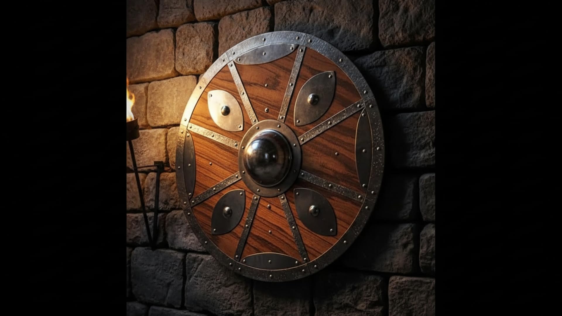 Medieval Wooden & Steel Shield Wall Decor – Viking Style Battle Shield Replica with Metal Boss – Handcrafted Armor Wall Hanging for Home, Office, Bar, LARP & Cosplay Display – Vintage Warrior Décor