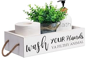 Msyueos Wash Your Hands Toilet Tank Basket Wooden Toilet Paper Basket Storage Box with 2 Sides Signs Toilet Basket Bathroom Decor Box Home Toilet Decor White Basket for Bathroom
