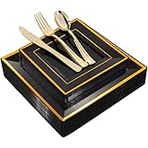 WDF 125Pieces Black Square Plastic Plates with Gold Rim Gold Disposable Silverware - include 25Pcs Dinner Plates,25Pcs Dessert Plates,25 Forks, 25 Knives, 25 Spoons for New Year