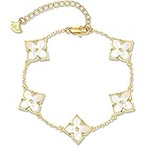 18K Gold Plated Mother of Pearl Natural Gemstone Floral Clover Motif Four Leaf Statement FULLY ADJUSTABLE Dangle Charms Tennis Bracelet for Women by SNGIA, Stackable Handmade Trendy Multicolor Flower Crystal Jewelry Gifts, Beachy Summer Beaded Healing Protection Vacation Fashion Bracelet Accessories, Vintage Link Bohemian Nickle Free Station Bangle.