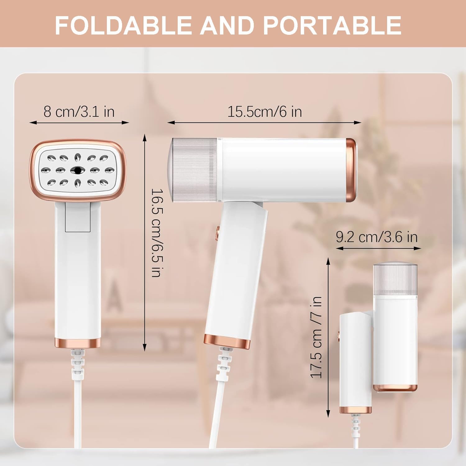 IVYARD Handheld Clothes Steamer, Travel Steamer mini for Clothes, Garment Steamer for Clothes with 1000W Fast Heat Fabric Wrinkles Remove with Brush For Home Business Trip, middle, White