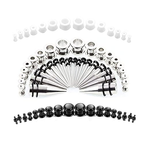 HuaCan 68 Stücke Tunnel Dehnset 1.6-10mm Silber Chirurgenstahl 316L Dehnstäbe +1.6-10mm Silber Flesh Tunnel mit Außengewinde 