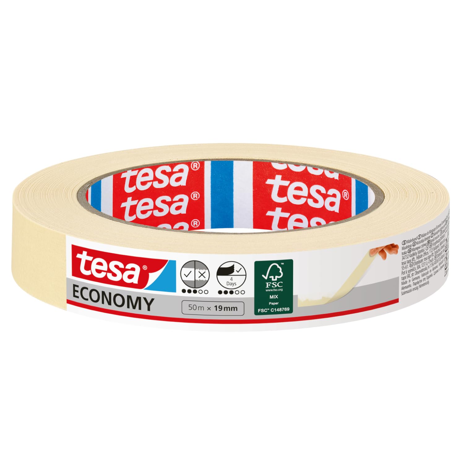 tesa Masking Tape Universal EcoLogo - Painters Tape, 4 Days Residue-Free Removal, Without Solvent - Narrow, 50 m x 19 mm