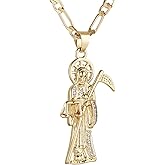 HZMAN Santa Muerte Necklace for Men Retro Gothic 14K Gold Plated Grim Reaper Saint Death Sickle Skull Pendant Party Jewelry Gift