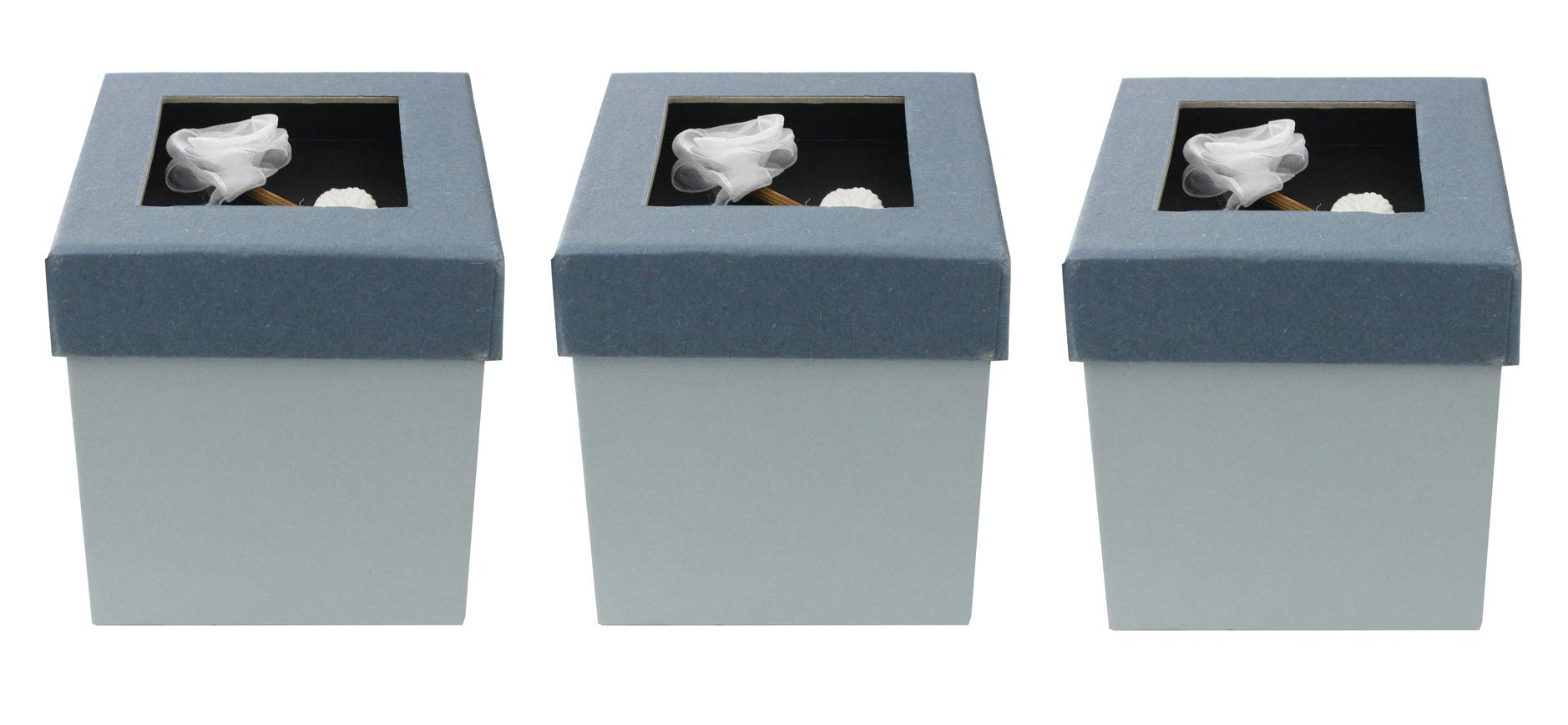 Emartbuy Set of 3 Rigid Luxury Square Shaped Presentation Gift Box, 11.5 x 11.5 x 9.5 cm, Grey Box with Blue Lid, Chocolate Brown Interior and With Rose Flower Decoration