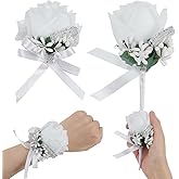 arricraft 2 Pcs 2 Styles White Rose Corsage and Boutonniere Set, Corsage Wristlet Band Artificial Rose Boutonniere Wrist Corsages for Bride Wedding Party Prom Decorations