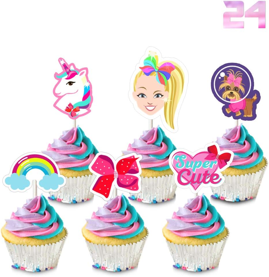 Amazon Com 24 Jojo Cupcake Toppers Birthday Party Cake Decorations Unicorn Bow Dog Rainbow Toppers Toys Games