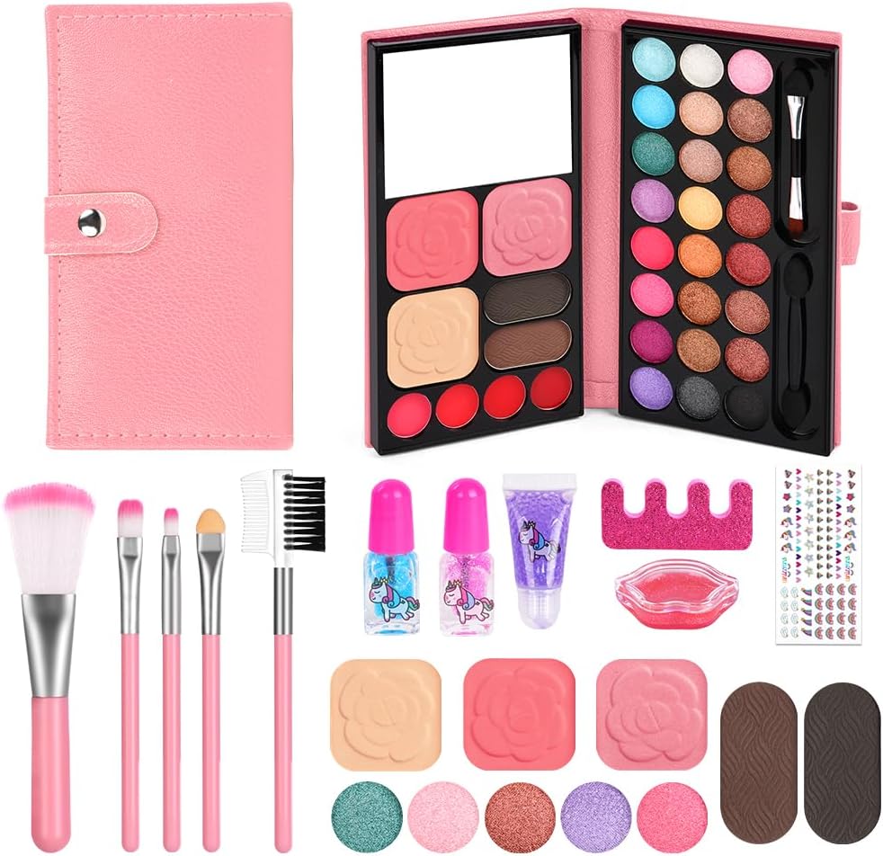 Aomig 12Pcs Kids Makeup Set Pink Palette Non-Toxic Washable Gift