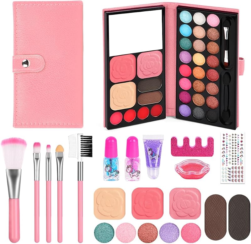 Aomig 12Pcs Kids Makeup Set Pink Palette Non-Toxic Washable Gift